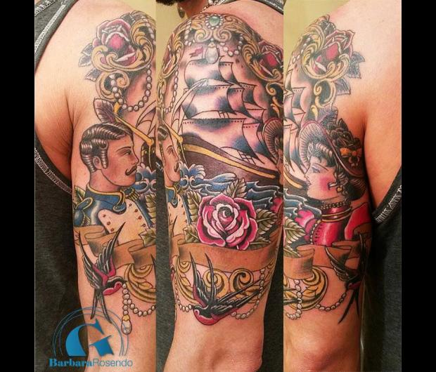 tattoo,bras,bateau,rose,hirondelle